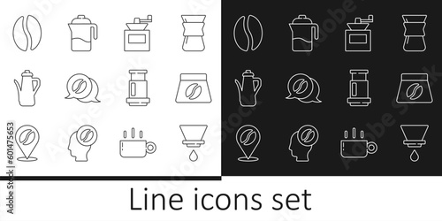 Set line V60 coffee maker, Bag beans, Manual grinder, Coffee and conversation, Teapot, Aeropress and French icon. Vector