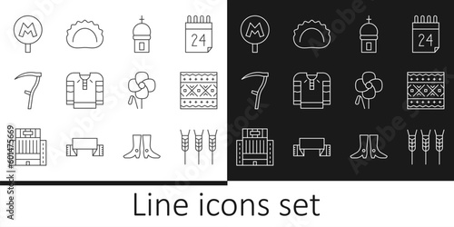 Set line Wheat, Ukrainian ethnic pattern, Church tower, Embroidered shirt, Scythe, Metro or Underground, Poppy flower and Dumplings icon. Vector