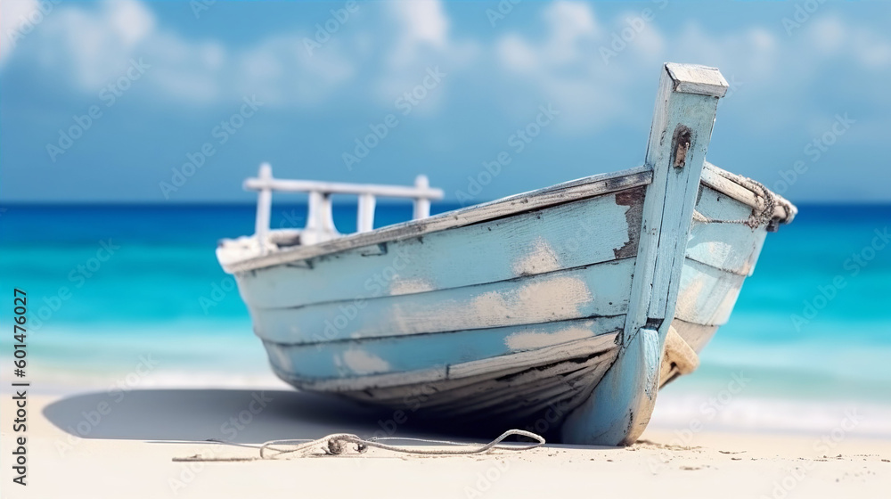 A rustic wooden sail boat on a tropical beach against a teal blue ocean and summer sky background. A.I. generated