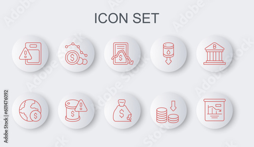 Set line Pie chart infographic, Global economic crisis, Mobile stock trading, Dollar rate decrease, Drop crude oil price and Money bag icon. Vector