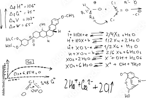 chemical formulas . the scientific educational background is hand-drawn on a whiteboard.