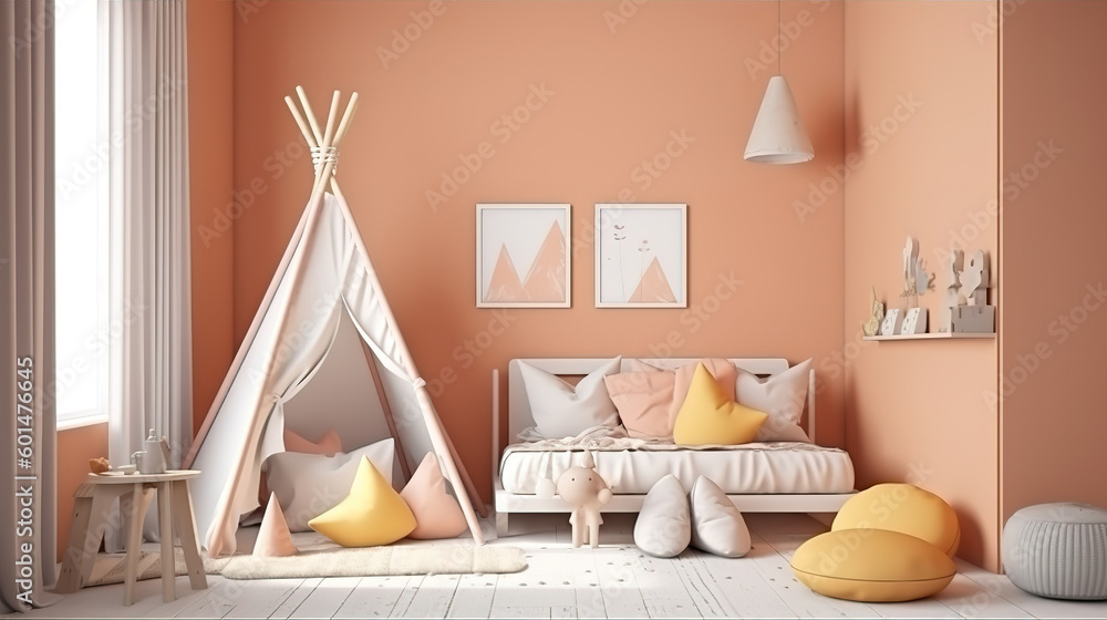 Obraz premium Mock up poster in kids bedroom interior background, Scandinavian style. Generative Ai