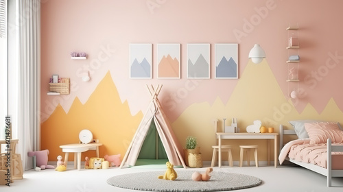 Panoramic boho interior for baby's room Scandinavian style. Generative Ai