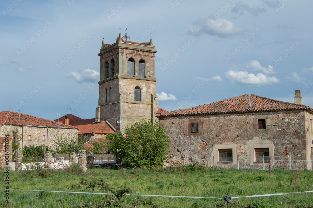 stone house, church tower and green meadow of Barbadillo del Mercado village, province of Burgos. Spain