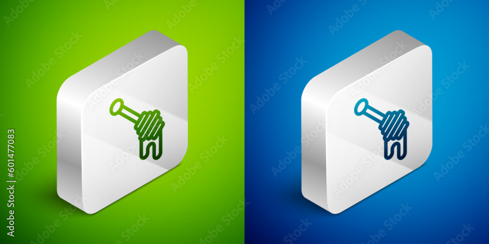 Isometric line Honey dipper stick icon isolated on green and blue background. Honey ladle. Silver square button. Vector Isometric line Honey dipper stick icon isolated on green and blue background. Honey ladle. Silver square button. Vector
