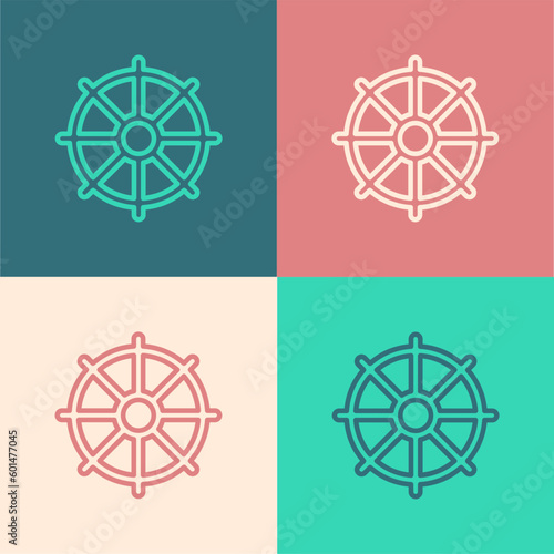 Pop art line Dharma wheel icon isolated on color background. Buddhism religion sign. Dharmachakra symbol. Vector