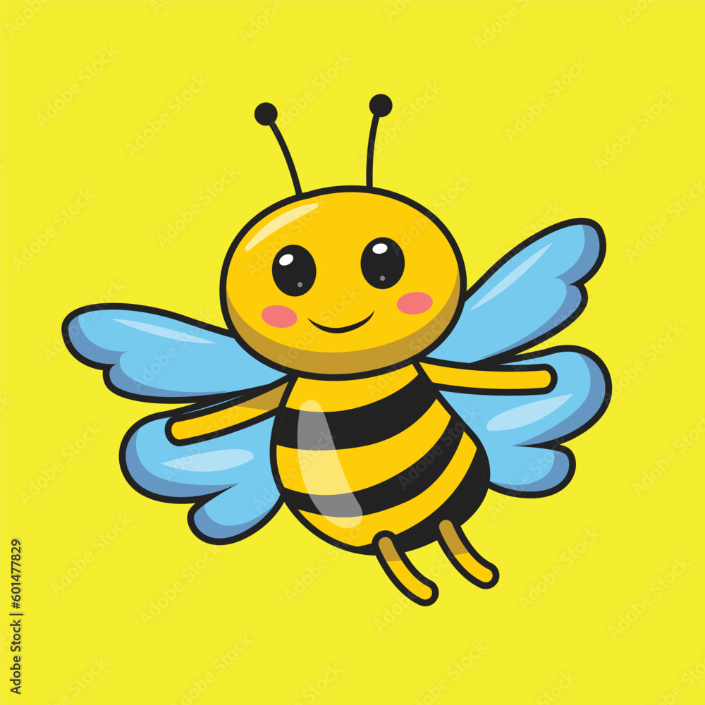 Happy flying Bee cartoon illustration. Cute bee flat style vector art. Bee sticker for T shirt, Icon, web, element. Adorable wildlife smiling bee mascot logo. Happy flying Bee cartoon illustration. Cute bee flat style vector art. Bee sticker for T shirt, Icon, web, element. Adorable wildlife smiling bee mascot logo.