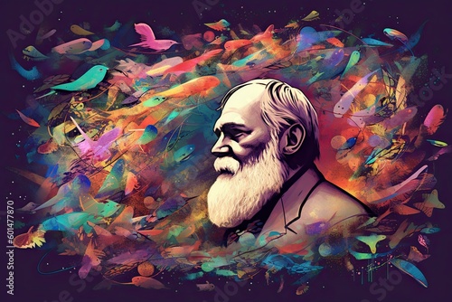 Fotobehang Colorful Illustration of Charles Darwin, Natural selection and evolution scienti
