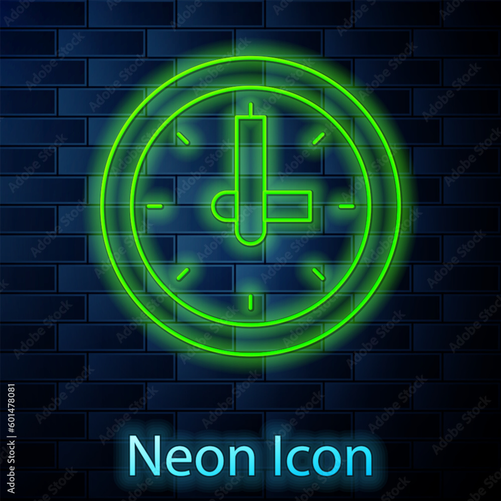 Glowing neon line Clock icon isolated on brick wall background. Time symbol. Vector Glowing neon line Clock icon isolated on brick wall background. Time symbol. Vector