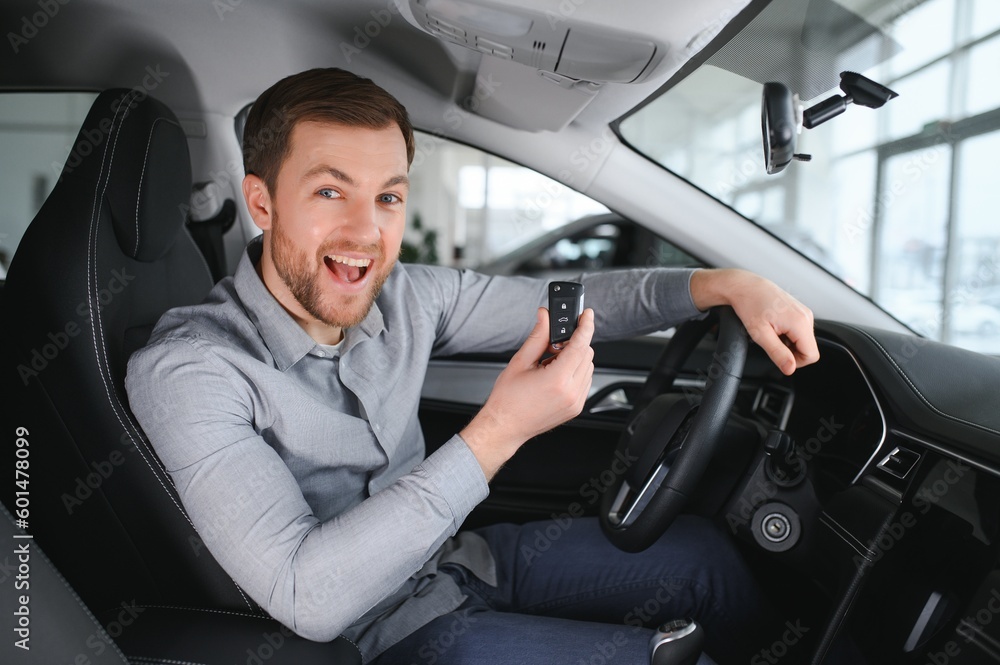 Successful and happy. Shot of a happy mature man smiling to the camera sitting in his brand new car at the local dealership Successful and happy. Shot of a happy mature man smiling to the camera sitting in his brand new car at the local dealership
