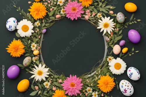Wreath of flowers and easter eggs on dark background. Generative AI
