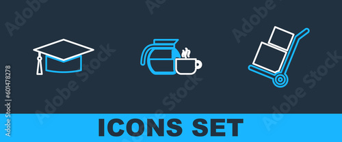 Set line Hand truck and boxes, Graduation cap and Coffee pot with cup icon. Vector