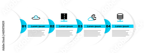 Set line Server, Data, Web Hosting, Cloud with moon and stars, and UFO flying spaceship icon. Vector