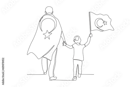 A father and his son carrying a Turkish flag. 15 Temmuz one-line drawing