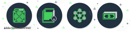Set line Smart contract, Blockchain technology, ASIC Miner and Cryptocurrency bitcoin icon. Vector