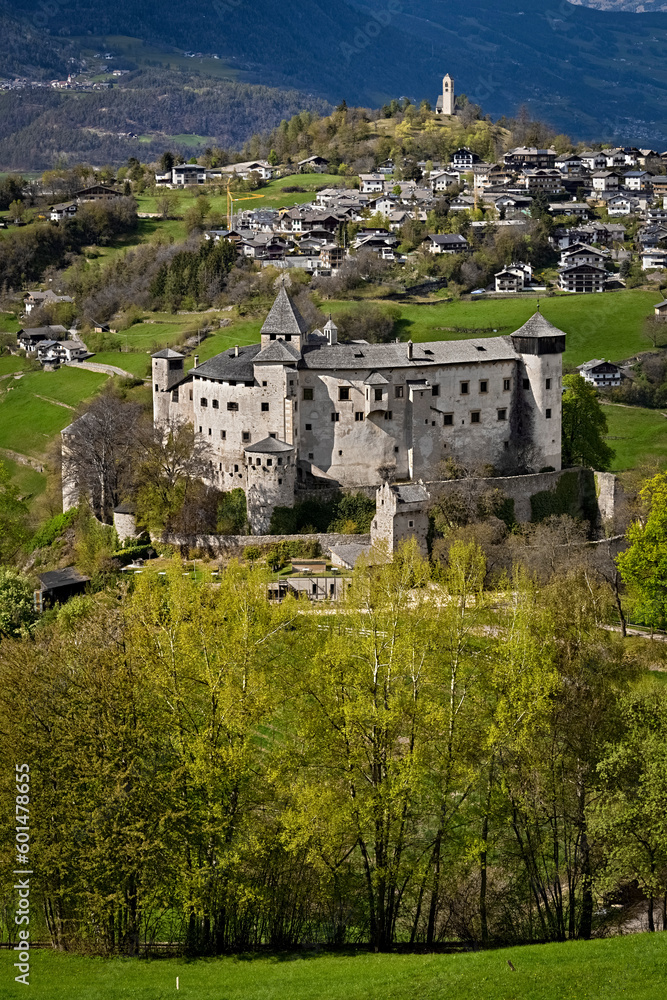 The medieval castle of Presule/Prösels and the Tyrolean village of Fiè allo Sciliar/Völs am Schlern. Province of Bolzano, Trentino Alto Adige, Italy.