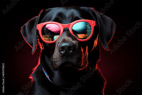 Portrait of black rottweiler dog in red sunglasses on isolated background.Front view.Created with generative ai © leo10