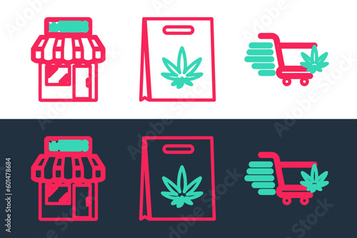 Set line Shopping cart with marijuana, Marijuana and cannabis store and bag of icon. Vector