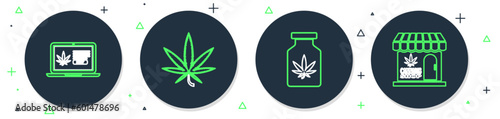 Set line Marijuana or cannabis leaf, Medical bottle with marijuana, Online buying and and store icon. Vector