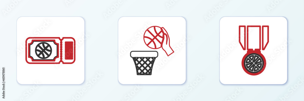 Set line Basketball medal, game ticket and and basket icon. Vector Set line Basketball medal, game ticket and and basket icon. Vector