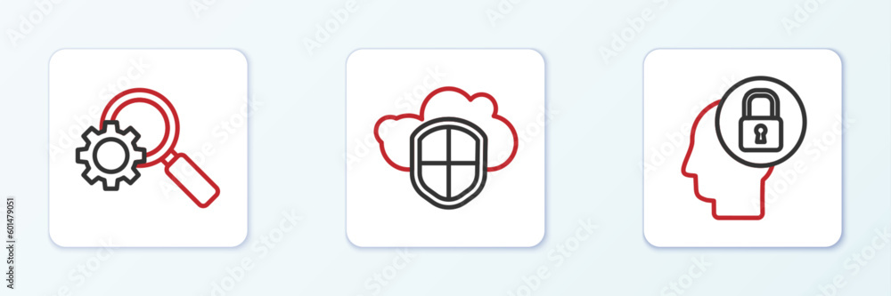 Set line Human head with lock, Magnifying glass and gear and Cloud shield icon. Vector Set line Human head with lock, Magnifying glass and gear and Cloud shield icon. Vector