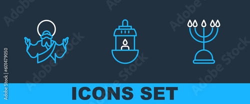 Set line Hanukkah menorah, Jesus Christ and Ramadan Kareem lantern icon. Vector