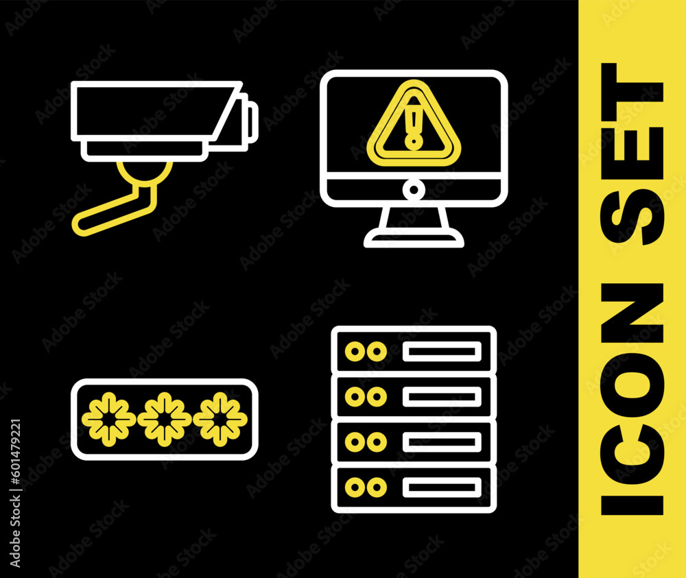 Set line Monitor with exclamation mark, Server, Data, Web Hosting, Password protection and Security camera icon. Vector Set line Monitor with exclamation mark, Server, Data, Web Hosting, Password protection and Security camera icon. Vector
