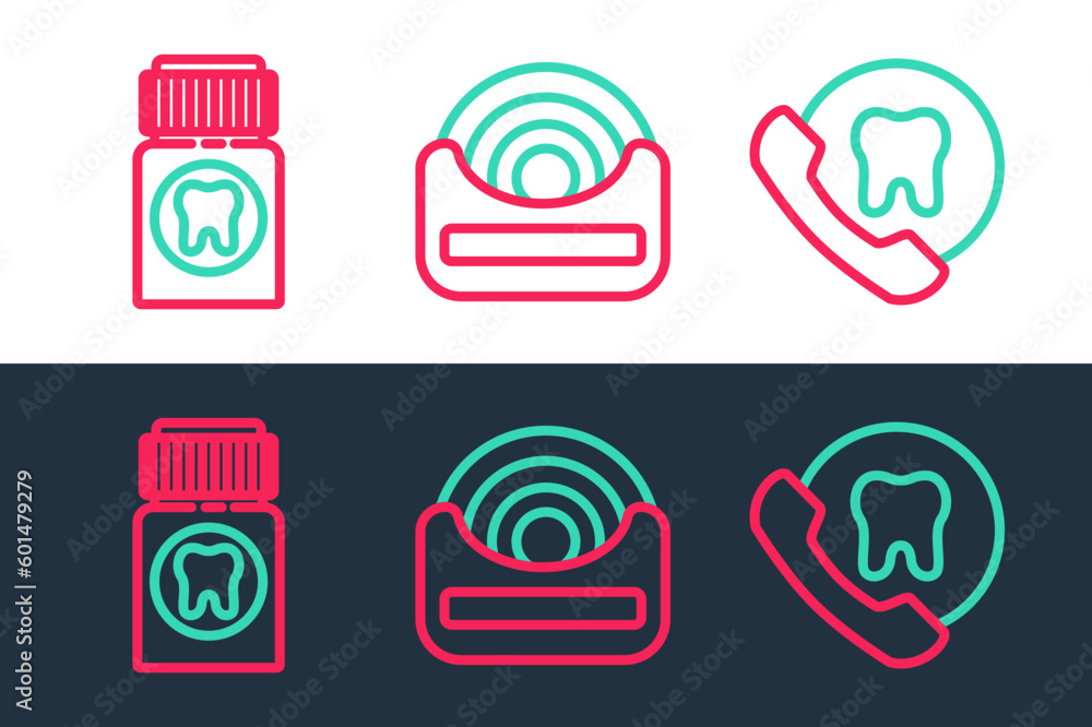 Set line Online dental care, Painkiller tablet and Dental floss icon. Vector Set line Online dental care, Painkiller tablet and Dental floss icon. Vector