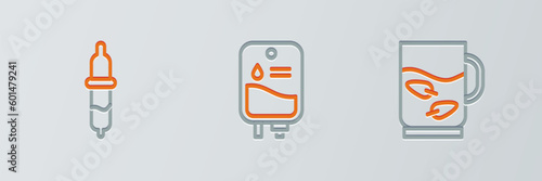 Set line Cup of tea and leaf, Pipette and IV bag icon. Vector