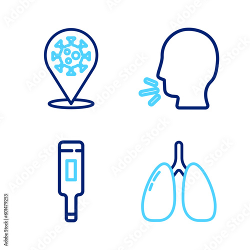 Set line Lungs, Medical thermometer, Man coughing and Corona virus 2019-nCoV on location icon. Vector