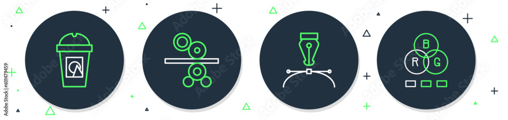 Set line Paper roll of printing press, Fountain pen nib, Coffee cup to go and RGB color mixing icon. Vector Set line Paper roll of printing press, Fountain pen nib, Coffee cup to go and RGB color mixing icon. Vector
