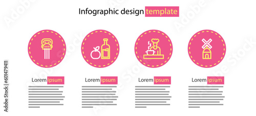 Set line Spanish cook, Windmill, Apple cider bottle and Peineta icon. Vector