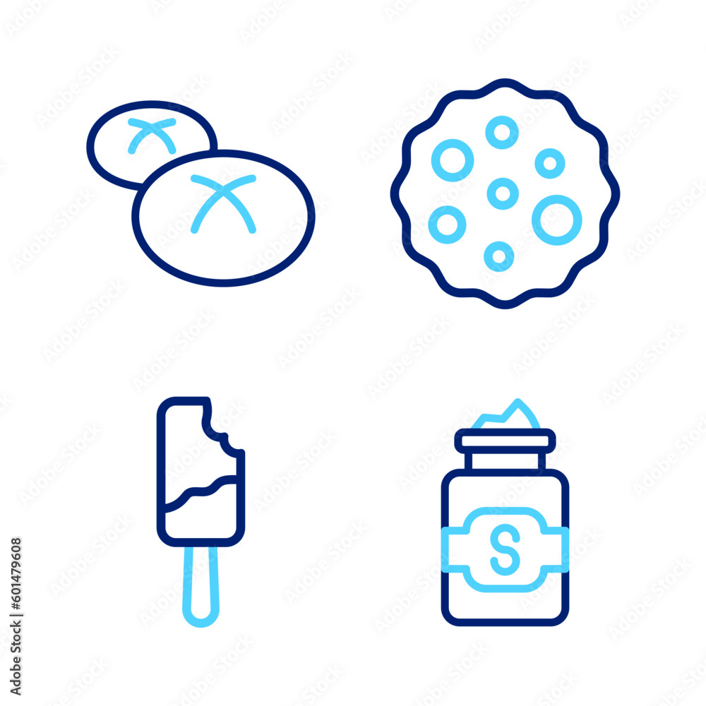 Set line Jar of sugar, Ice cream, Cookie or biscuit and Bread loaf icon. Vector Set line Jar of sugar, Ice cream, Cookie or biscuit and Bread loaf icon. Vector