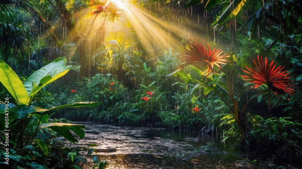 Sun rays after rain in a tropical forest. Generative AI Sun rays after rain in a tropical forest. Generative AI