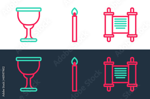 Set line Decree, paper, parchment, scroll, Holy grail or chalice and Burning candle icon. Vector