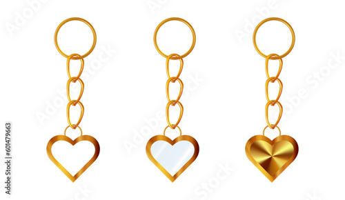 A set of gold or brass keychains in the shape of a heart. Chains made of stainless steel. Metal key holders isolated on white background. Realistic vector illustration.