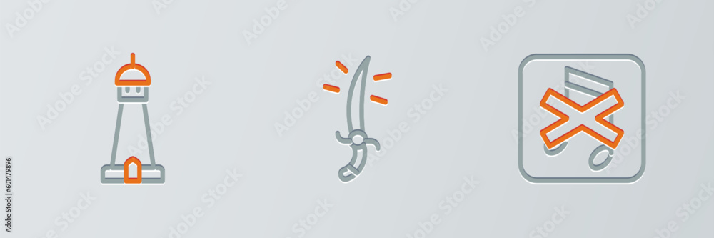 Set line Speaker mute, Mosque tower or minaret and Arabian saber icon. Vector Set line Speaker mute, Mosque tower or minaret and Arabian saber icon. Vector
