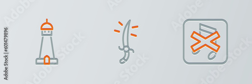 Set line Speaker mute, Mosque tower or minaret and Arabian saber icon. Vector