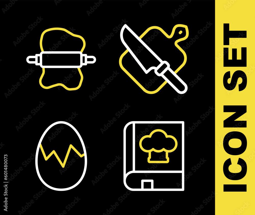 Set line Cutting board and knife, Cookbook, Broken egg and Rolling pin on dough icon. Vector Set line Cutting board and knife, Cookbook, Broken egg and Rolling pin on dough icon. Vector