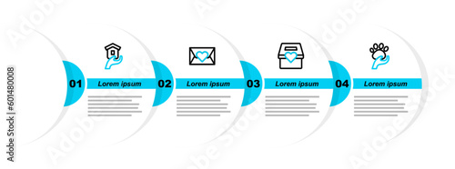 Set line Animal volunteer, Donation and charity, Envelope with heart and Shelter for homeless icon. Vector