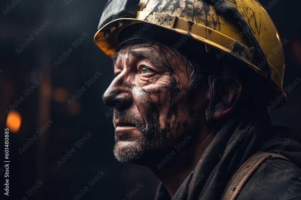 Portrait of coal miner. Work in a coal mine. Generative AI