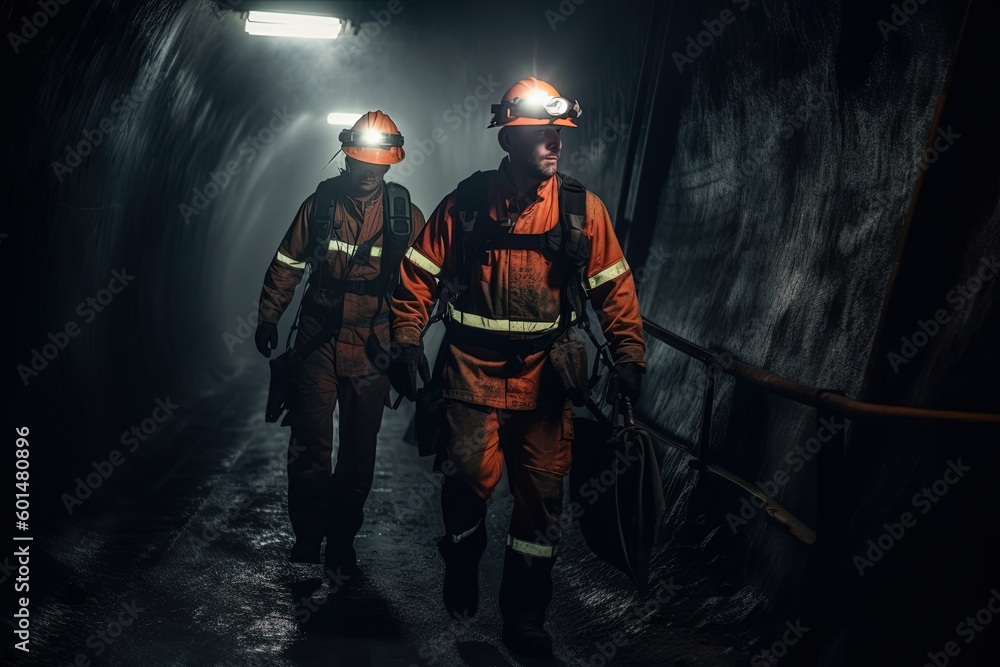 Coal miners walking through the tunnel in a mine. Generative AI Coal miners walking through the tunnel in a mine. Generative AI