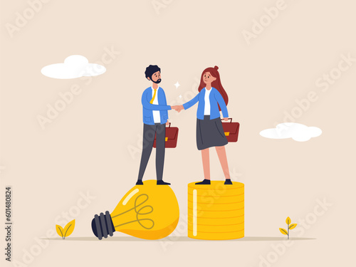 Merger agreement concept. Idea pitching, fund raising and venture capital, selling business. entrepreneur businessman standing on lightbulb idea lamp shaking hands with VC on money coins stack.