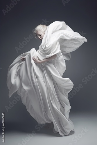 avant-garde women's fashion made of flying white fabrics, generative ai
