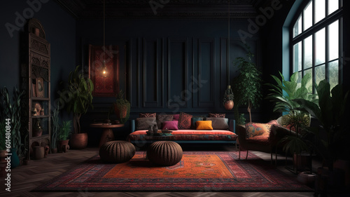 Dark home interior, ethnic style living room. Generative Ai © hassanmim2021
