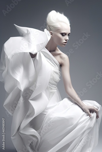 avant-garde women's fashion made of flying white fabrics, generative ai