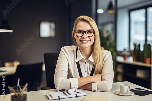 Business woman at desk in office for paperwork, laptop or administration. Happy, young or confident female worker with pride planning project at table in startup company. Generative AI