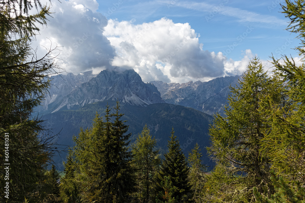 View to the mountain peaks of the famous Sesto Dolomites, Alps, south tyrol, Italy, Europe