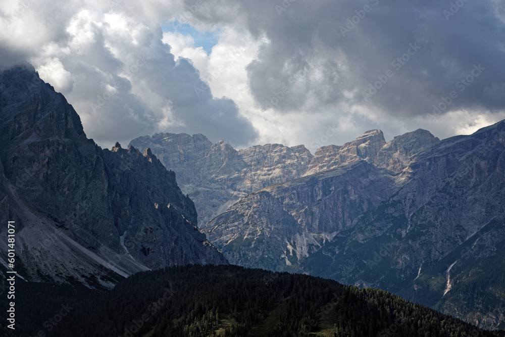 View to the mountain peaks of the famous Sesto Dolomites, Alps, south tyrol, Italy, Europe