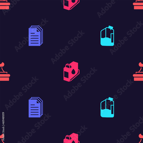 Set Printer ink bottle, File document, cartridge and Stamp on seamless pattern. Vector